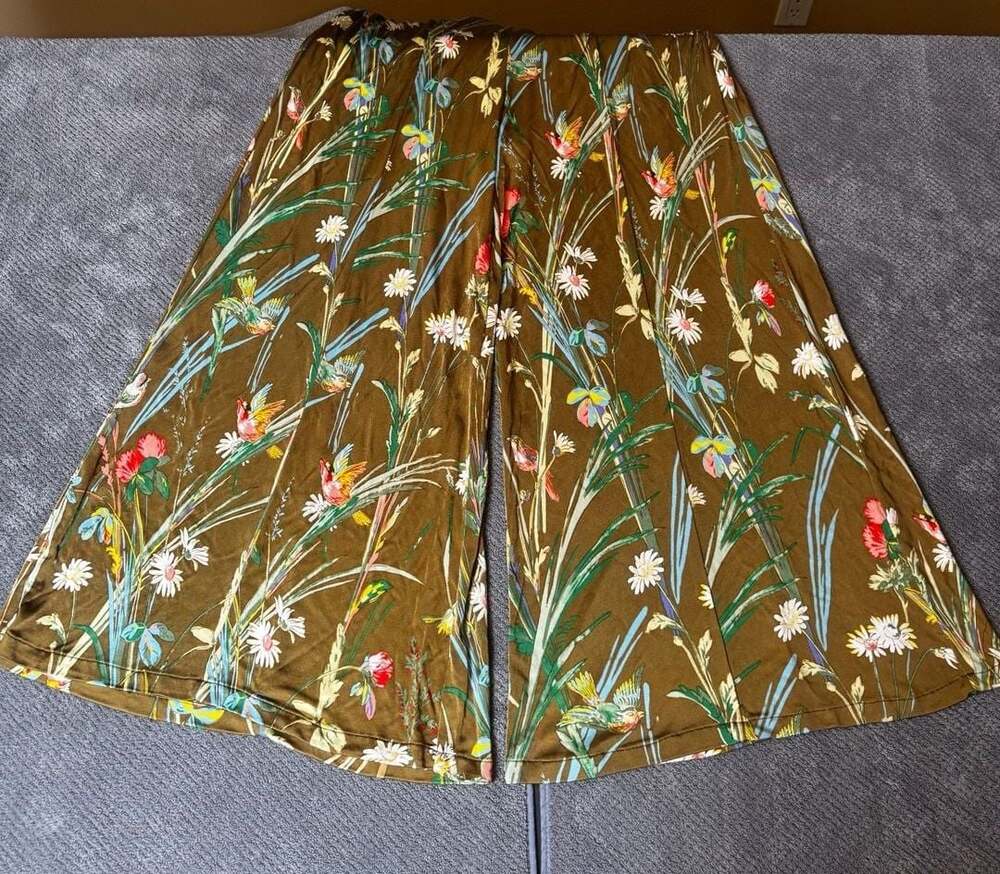 Maeve Anthropologie Shiloh Knit Wide-Leg Pants Small Green Floral Bird Print 118